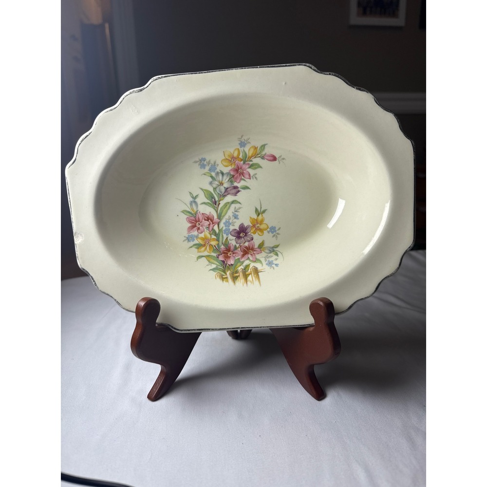 W.S. George Lido Canarytone Oval Serving Bowl Floral Scalloped Rim USA Made